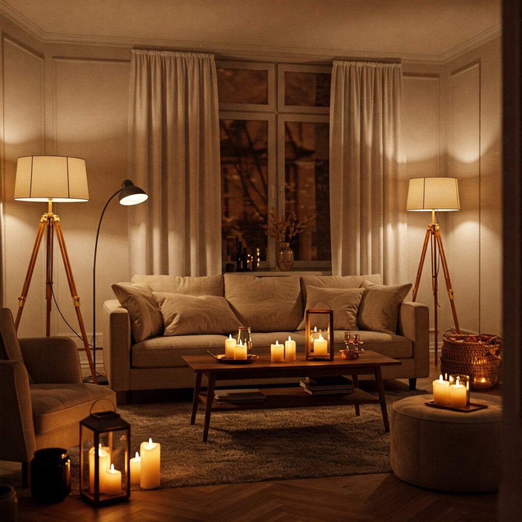 A well-lit living room with layered lighting—overhead, floor lamps, and candles