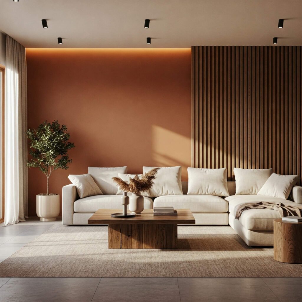 A modern living room with warm terracotta walls and natural wood accents